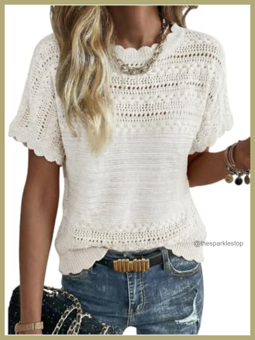 Womens Short Sleeve Knit Sweater Crochet Pullover Crewneck Top